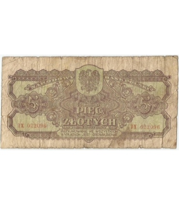 5 złotych 1944, w klauzuli OBOWIĄZKOWE, seria TX, st. 6+