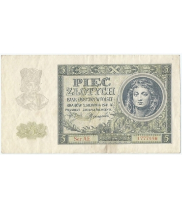 Banknot 5 złotych 1941 stan 3-, Ser. AE