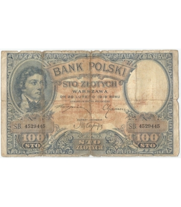 Banknot 100 zł, rok 1919 rok,  Kościuszko, seria S.B stan 4-/5+
