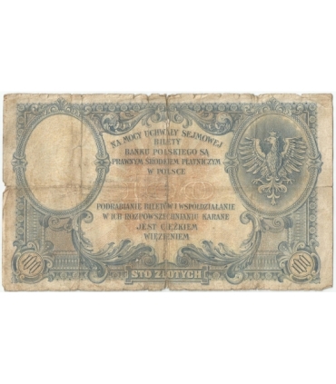 Banknot 100 zł, rok 1919 rok,  Kościuszko, seria S.B stan 4-/5+
