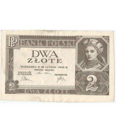 Banknot 2 zł, 1936r, bez poddruku, serii i numeracji, stan 3