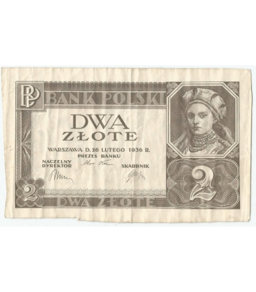Banknot 2 zł, 1936r, bez poddruku, serii i numeracji, stan 3/3-