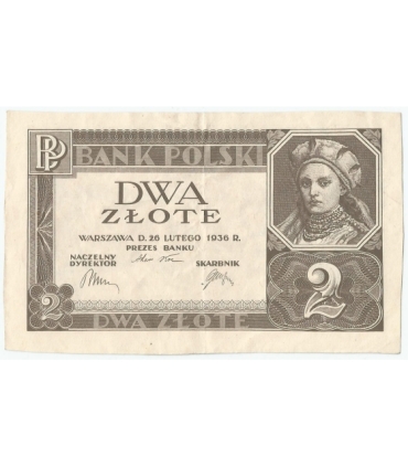 Banknot 2 zł, 1936r, bez poddruku, serii i numeracji, stan 3+