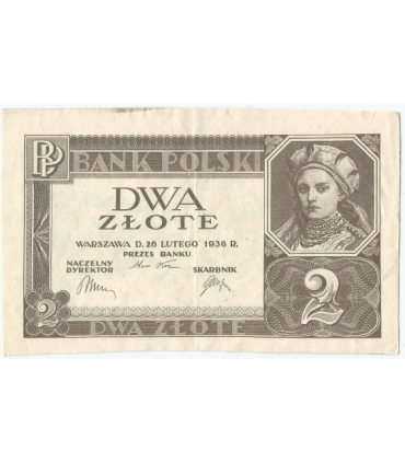 Banknot 2 zł, 1936r, bez poddruku, serii i numeracji, stan 3+