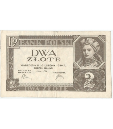 Banknot 2 zł, 1936r, bez poddruku, serii i numeracji, stan 3