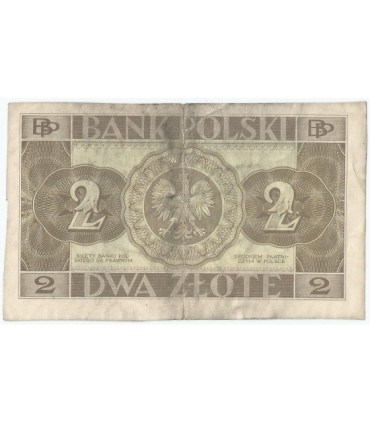 Banknot 2 zł, 1936r, bez poddruku, serii i numeracji, stan 3