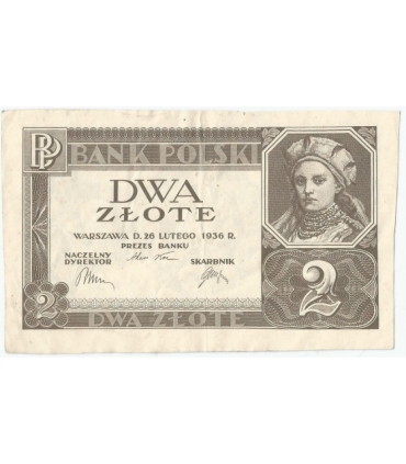 Banknot 2 zł, 1936r, bez poddruku, serii i numeracji, stan 3+