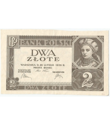 Banknot 2 zł, 1936r, bez poddruku, serii i numeracji, stan 3+