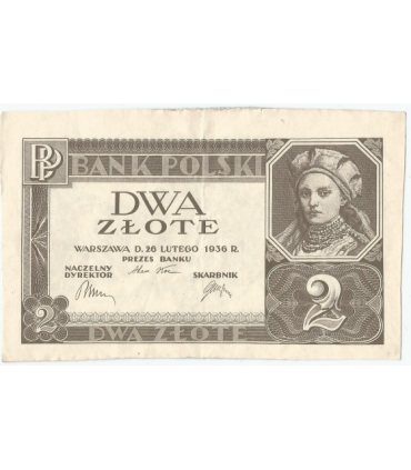 Banknot 2 zł, 1936r, bez poddruku, serii i numeracji, stan 3+