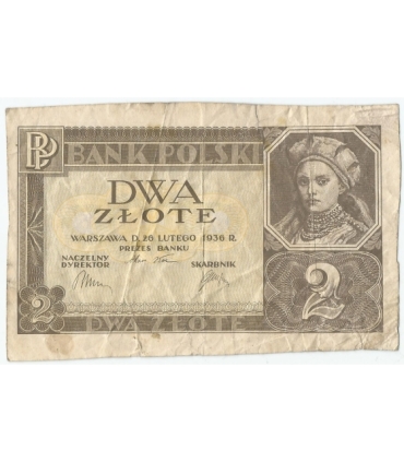 Banknot 2 zł, 1936r, bez serii i numeracji, z poddrukiem stan 4
