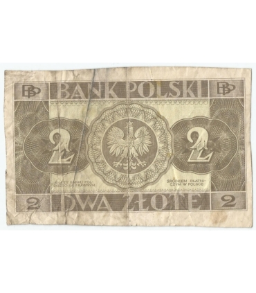 Banknot 2 zł, 1936r, bez serii i numeracji, z poddrukiem stan 4