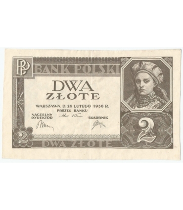 Banknot 2 zł, 1936r, bez poddruku, serii i numeracji, stan 2-