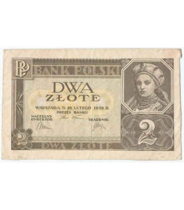 Banknot 2 zł, 1936r, bez poddruku, serii i numeracji, stan 3/3-