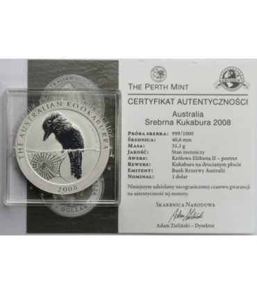 Australia, 1 dolar, Kukabura, 2008, srebro Ag999, 1OZ, st. 1, certyfikat