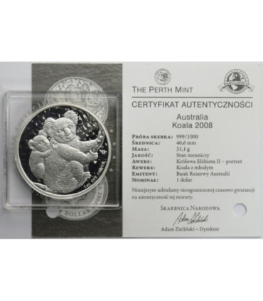 Australia, 1 dolar, Koala, 2008, srebro Ag999, 1OZ, certyfikat