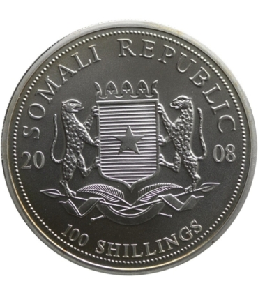 Somalia 100 Szylingów 2008 Słoń, Srebro, Ag999, certyfikat