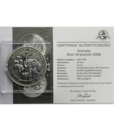 Somalia 100 Szylingów 2008 Słoń, Srebro, Ag999, certyfikat