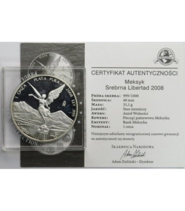 Meksyk 1 onza Libertad 2008, Anioł Wolności, 1Oz, Ag999