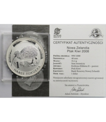 Nowa Zelandia, 1 dolar Ptak Kiwi 2008 Ag 999, certyfikat