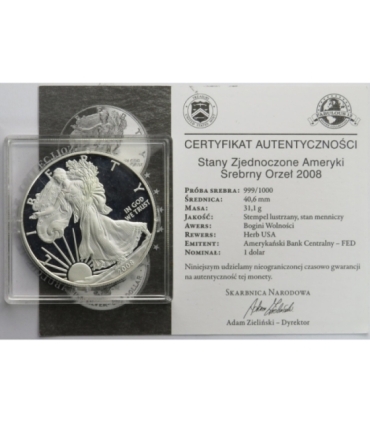 USA, 1 dolar "Srebrny Orzeł", 1 Oz, 2008, certyfikat, 1-