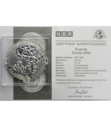 Ruanda 50 Franków 2008 Goryle, Srebro, Ag999