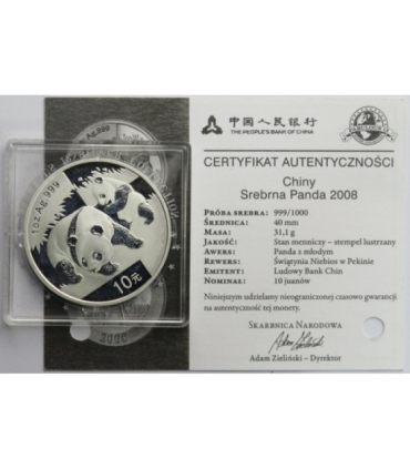 Chiny 10 YUANÓW 2008 Panda 1 uncja Ag 999, certyfikat