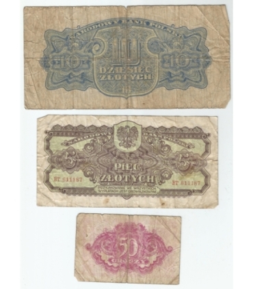 Zestaw 3 banknotów polskich 1944, 50 groszy, pięć złotych, 10 złotych