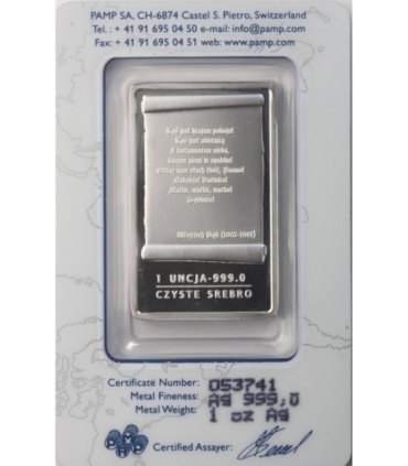 Sztabka - Matka Boska Fatimska PAMP, Srebro Ag999, 1 uncja