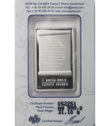 Sztabka - Matka Boska Kodeńska PAMP, Srebro Ag999, 1 uncja