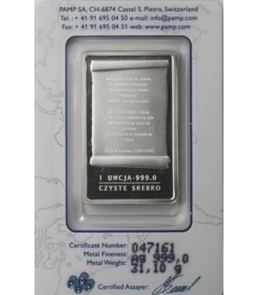 Sztabka - Matka Boska z Różanegostoku, PAMP, Srebro Ag999, 1 uncja