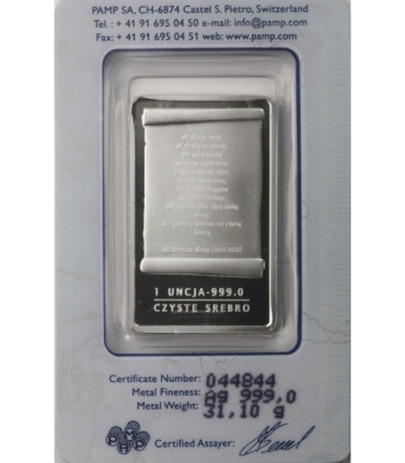 Sztabka - Matka Boska Szkaplerzna w Czernej, PAMP, Srebro Ag999, 1 uncja