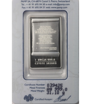 Sztabka - Matka Boska ze Świętej Lipki, PAMP, Srebro Ag999, 1 uncja