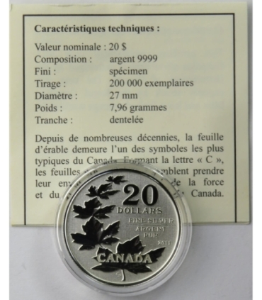 Kanada 20 dolarów, 2011 Liście klonowe, srebro Ag999, certyfikat