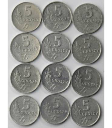 Zestaw monet 12 monet 5 groszy PRL, lata 1958-1972, każda inna, piękne stany