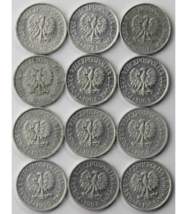 Zestaw monet 12 monet 5 groszy PRL, lata 1958-1972, każda inna, piękne stany