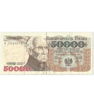 50000 zł Stanisław Staszic 1989, seria F 7565077, stan 3-/4+