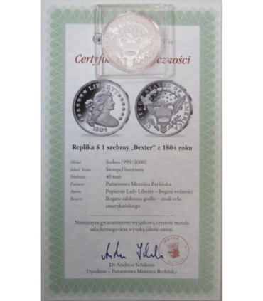 Replika / Kopia. USA 1$ srebrny "Dexter" 1804, srebro Ag999, 20g, certyfikat