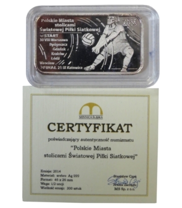 Numizmat Polskie miasta stolicami Światowej Piłki Siatkowej, Srebro Ag999 nakład 300 szt.
