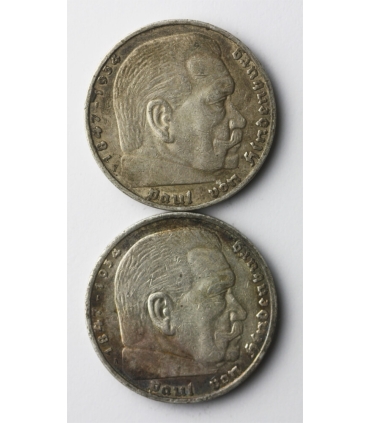 Lot: 2 x 5 marek, Hindenburg, 1935 F, 1936 A, srebro, st. 3