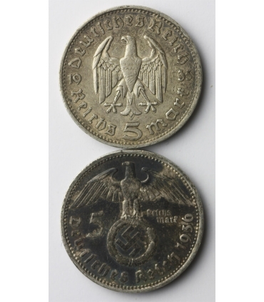 Lot: 2 x 5 marek, Hindenburg, 1935 F, 1936 A, srebro, st. 3