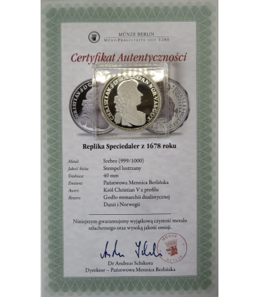 Replika, speciedaler z 1678, srebro 999, certyfikat