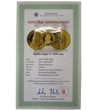 Replika Single 9 z 1898, Afryka Południowa, srebro złocone, certyfikat