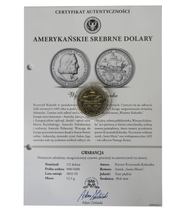 USA ½ dolara, half dollar, 1893, Światowa Wystawa Kolumbijska + certyfikat