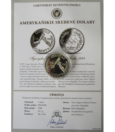 USA 1 dolar, 1988, Igrzyska XXIV Olimpiady, Seul 1988, srebro, certyfikat