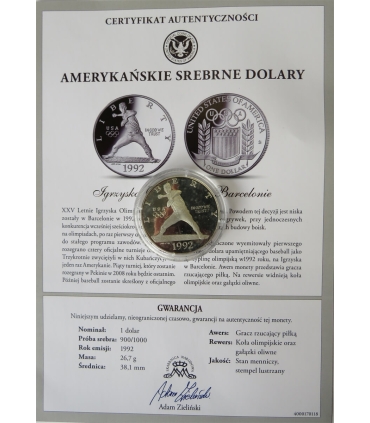 USA, 1 dolar, 1992, Igrzyska olimpijskie w Barcelonie, stan 2+