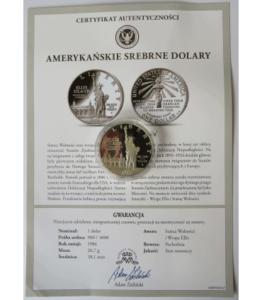USA 1 dolar, 1986, Ellis Island, stan 1-, certyfikat