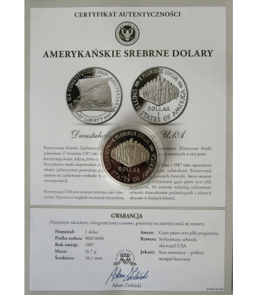 USA, 1 dolar 1987 200-lecie konstytucji USA, st. 1 + certyfikat