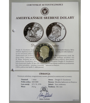 USA 1 dolar, 1971 S, Srebrny dolar Eisenhowera, stan 1-/2+, certyfikat
