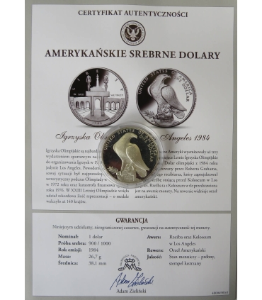 Dolar Liberty Igrzyska w Los Angeles 1984, stan 1-, certyfikat