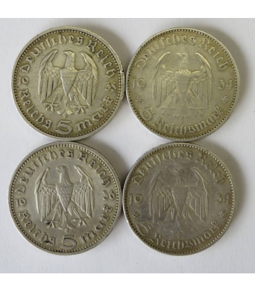 Lot: 4 x 5 marek, Hindenburg / Wieża, srebro, st. 2/3